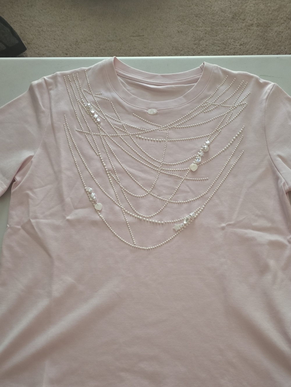 Women's Light Pink Pearl-Embellished Short Sleeve Tee